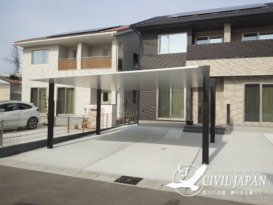 2台用フラット屋根カーポート施工例（昼）